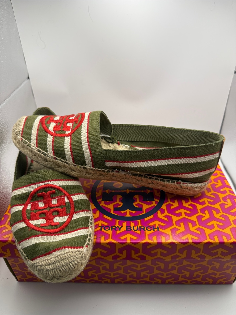 Tory Burch Olive, Red & Cream Striped Espadrille Flats